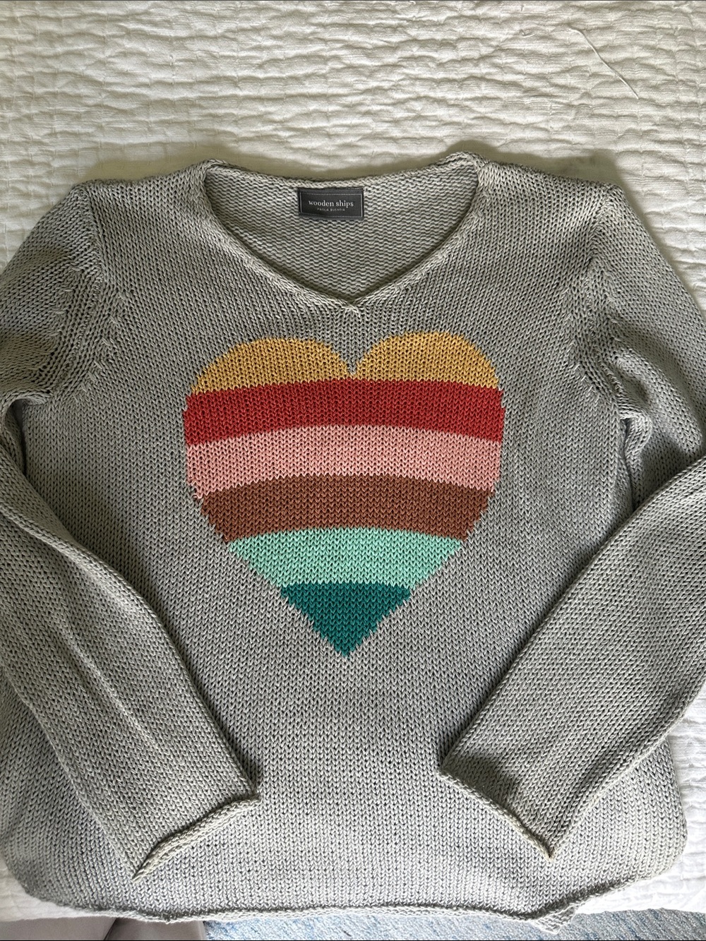 Wooden Ships Gray Knit Sweater with Multicolor Heart Stripe